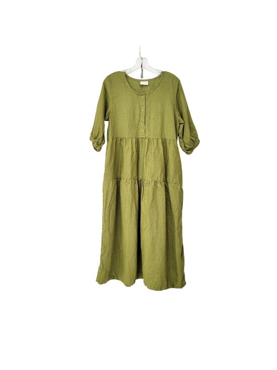 Conscious Clothing Dresses & Skirts - Conscious Clothing Olive Green Tiered Linen Midi Dress With 3/4 Sleeves Sustaina